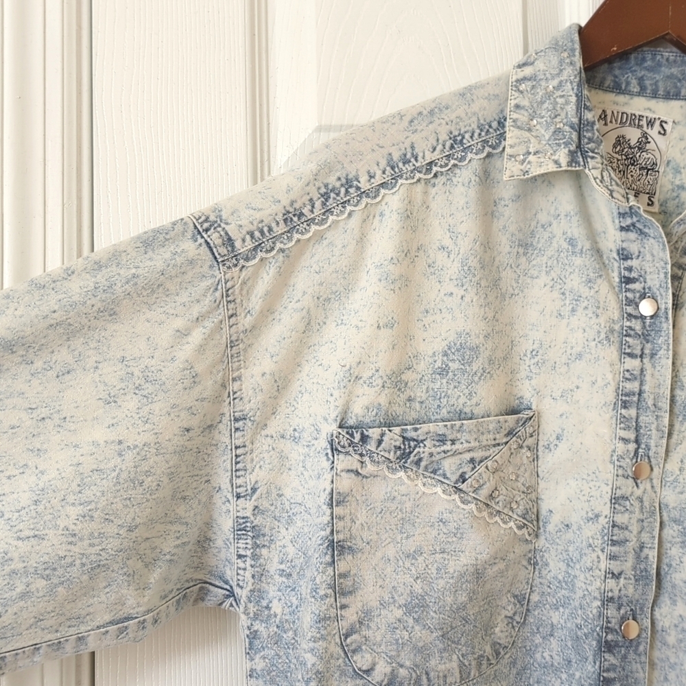 Andrew's Blues 90's Vintage Acid Wash Chambray Long Sleeve Button Down Shirt M - Picture 5 of 14